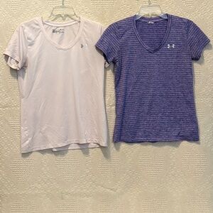 Under Armour V-Neck T-Shirts in Light Pink and Striped Purple Heatgear